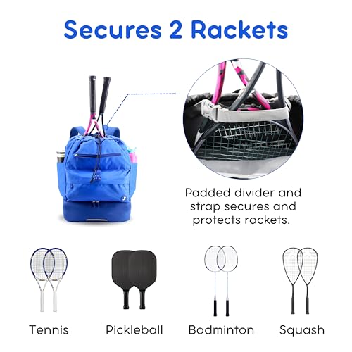 J World Ace 2 Racket Tennis Backpack for Women Men. Badminton Squash Pickleball Bag. Kids Sports Gym Bag w/Shoe Compartment - color: Navy