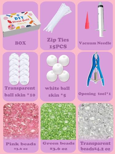 Donpidd DIY Stress Ball Making Kit 15 TPR Skins,4.2 oz Fillers,1 Vacuum Tool,20 Cable Tie for Create ASMR Anxiety Relief Toys Crunchy Relaxing (1 Set)