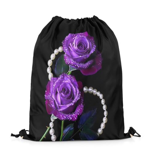 Castle Fairy Noble Elegant Purple Roses Drawstring Gym Bag,Pearl Foldable Waterproof Drawstring Backpack,Beautiful Flowers Draw String Back Bags for Shopping,Swimming,Beach,Black Purple - color: Black Purple