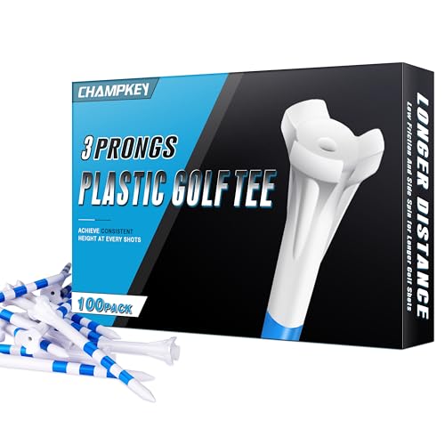CHAHMPKEY Premium 3-Prong Plastic Golf Tees 3-1/4" 120 or 100 Pack- 40% Reduced Ball Contact with High Stability and Long Distance Performance Golf Tees Plastic - color: 100 Pack, size: 3-1/4"