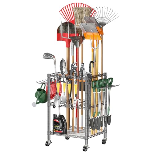 T1 Garden Tool Organizer（with Lockable Wheels） Heavy Duty Garage Tool Storage for Yard，Shed，Outdoor and Lawn，Freestanding Tool Organizers and Storage UP to 50 Tools，Grey with Anti-Tip Device - color: Grey