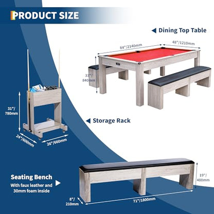 Garvee 7FT 3-in-1 Pool Table with Dining Top & Table Tennis, Multi Game Billiard Table Set with HDF Wood Grain Finish, Includes Cues, Balls, Ping Pong Paddles and Rolling Storage Caddy - color: Red