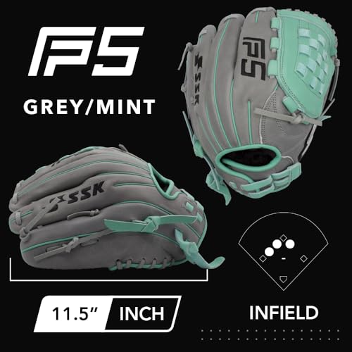 SSK FP5 Fastpitch Softball Glove – Infield - Outfield - Pitcher – 11.5”-11.75”-12”-12.25”-12.5”-12.75”-13”– Right & Left Hand Throw - color: Grey/Mint - Basket Web, size: 11.5" - Right Hand Throw