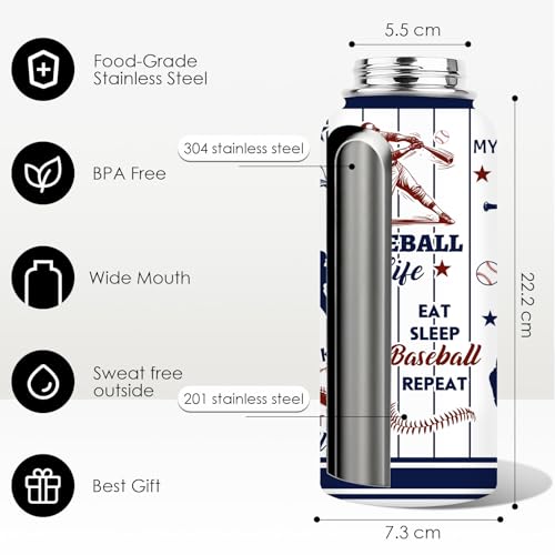 Baseball Water Bottle 32oz, Sport Travel Stainless Steel Tumbler With Lid, Double Wall Vacuum Insulated Coffee Cup Travel Mug, Fathers Day Baseball Gifts for Boys Dad Husband Grandpa - color: Baseball-1