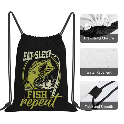 Eat Sleep Fish Repeat Unisex Drawstring Backpack Bag Sport Gym Travel Swim Sackpack - color: Eat Sleep Fish Repeat