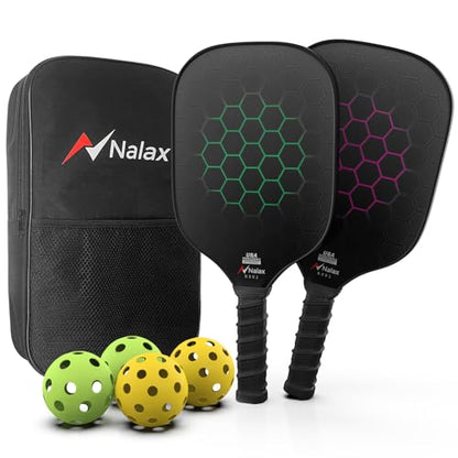 Pickleball Paddles, Nalax Fiberglass Pickleball Paddles Set of 2, USAPA Approved Graphite 16mm Power Polymer Core Pickle Ball Paddle with 4 Pickleball Balls and 1 Bag for Men Women