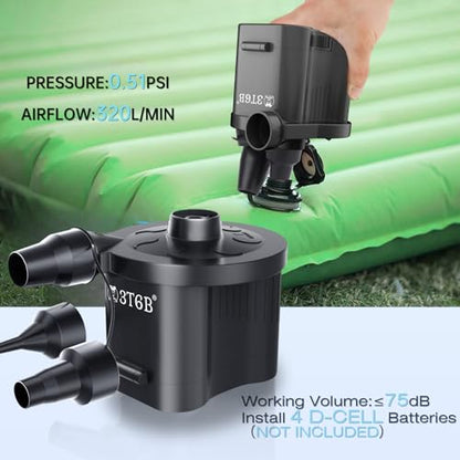 Electric Air Pump for Inflatables, Battery Powered Wireless Air Pump for Mattress with 3 Nozzles, Quick-Fill Blower Inflator/Deflator for Outdoor Camping, Air Mattress, Inflatable Couch, Pool Toy