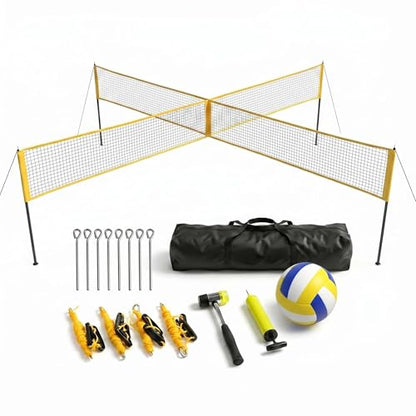 4 Square Volleyball Net Set with 3 Adjustable Heights, 14FT Cross PE System, Use in Backyard or Beach, Includes Ball, Pump, Carry Bag, Hammer, Outdoor Team Games, Black/Red - color: Yellow