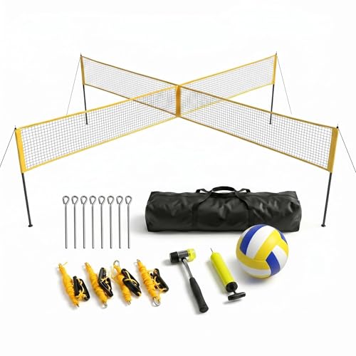 4 Square Volleyball Net Set with 3 Adjustable Heights, 14FT Cross PE System, Use in Backyard or Beach, Includes Ball, Pump, Carry Bag, Hammer, Outdoor Team Games, Black/Red - color: Yellow