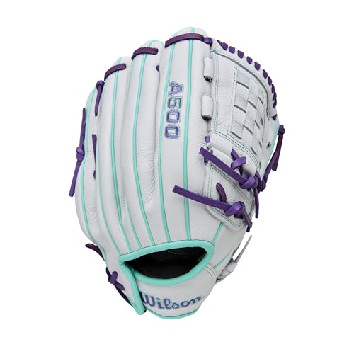 Wilson 2026 A500 Siren Fastpitch Softball Gloves - color: White/Seafoam/Purple, size: Infield/Pitcher: 12"