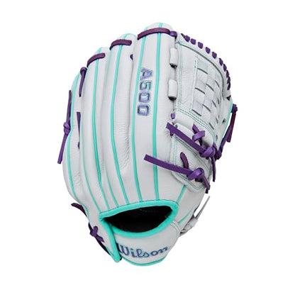Wilson 2026 A500 Siren Fastpitch Softball Gloves - color: White/Seafoam/Purple, size: Infield/Pitcher: 12"