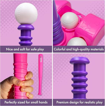 T Ball Stand for Kids and Toddlers 1-3, 3-5, 5-8. Baseball Set Includes 6 Large Balls, an Adjustable Tball Batting Tee, and a Pitching Machine. Kids Bat and T-Ball Set - style: PINK T BALL
