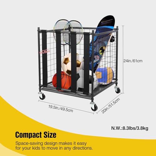 RedSwing Ball Storage Bin Rolling Sports Ball Cart, Metal Garage Sports Equipment Organizer with Elastic Straps,Volleyball Softball Basketball Cage Storage Rack for Garage Playgroup Gym School