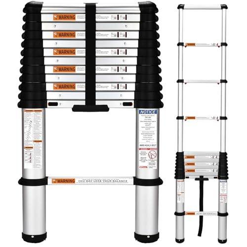 HBTower Telescoping Ladder, 12.5 FT Aluminum Extension Ladder 1000lbs Capacity, Heavy Duty Multi-Purpose Collapsible Ladder for RV, Household and Outdoor Working,Certified by ANSI