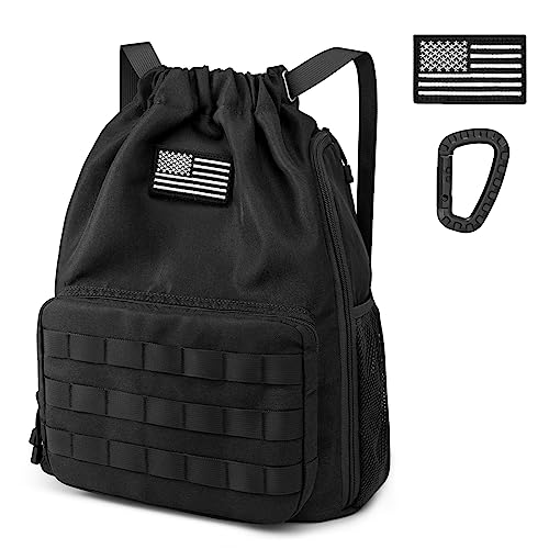 G4Free Drawstring Backpack Gym Backpack Soccer Basketball Bag with Shoes Compartment Tactical Water-Resistant String Sports Bag for Men Women(Black) - color: Black