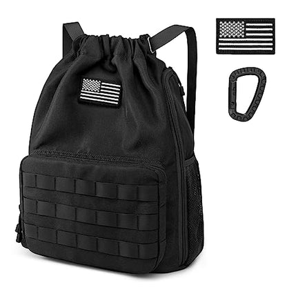 G4Free Drawstring Backpack Gym Backpack Soccer Basketball Bag with Shoes Compartment Tactical Water-Resistant String Sports Bag for Men Women(Black)
