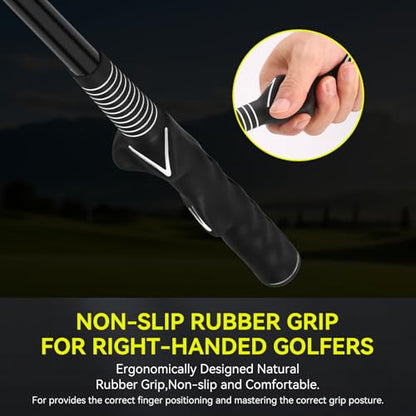 MIKOSI Golf Grip Trainer, Golf Swing Trainer Aid Warm-Up Stick for Strength Grip Tempo & Flexibility Training, Right-Handed Golf Training Aid with Arm Band for Practice Chipping Hitting (Yellow)