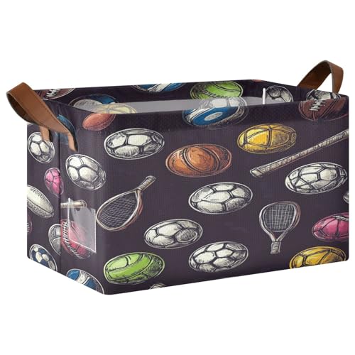 Ollabaky Collapsible Rectangular Closet Storage Bin Sports Rugby Football Soccer Baseball Basketball Tennis Hockey Puck Bowling Volleyball Shelf Basket Box with Leather Handles - Storage Cube, Nursery