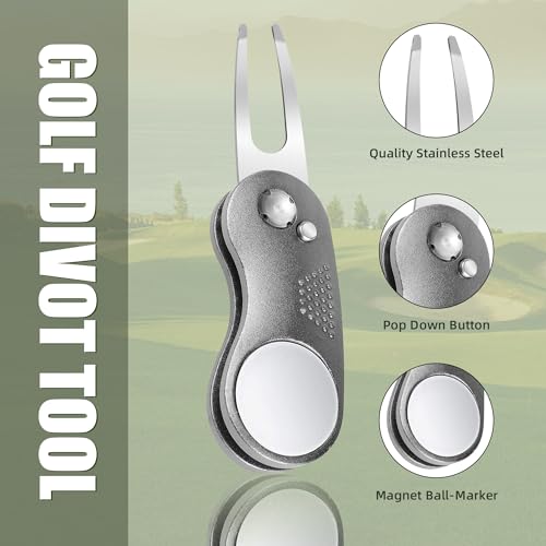 Mile High Life Golf Divot Repair Tool, All Metal Foldable Divot Tool with Pop-up Button & Magnetic Ball Marker - color: Gray Curve