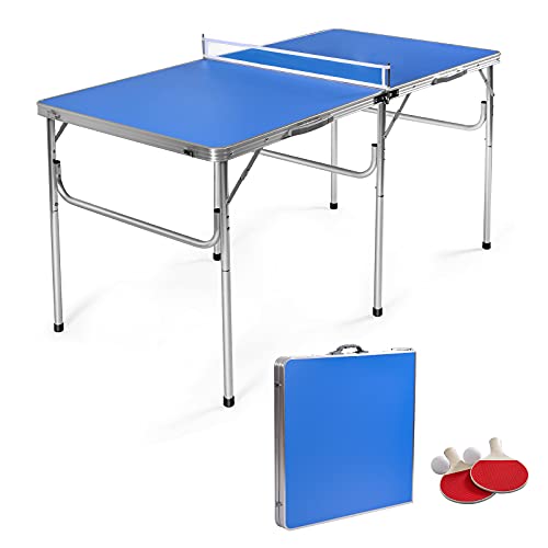 GYMAX Indoor Table Tennis Table Set, Folding Ping Pong Table with Net, 2 Paddles & 2 Balls, Multipurpose Free Standing Table Tennis Kit