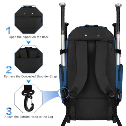 Rolling Baseball Bag with Wheels, 60L Capacity Wheeled Softball bag with Shoe Compartment for Youth & Adult, Bat bag with Hidden Straps,Fence Hook,Holds 4 Bat, Helmet, Glove - color: Blue