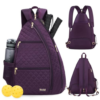 Women's Pickleball Backpack - Quilted Crossbody Sling Bag for Tennis & Pickleball Paddle - color: Purple, size: Large