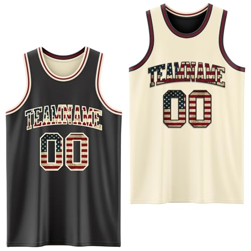 Custom Reversible Basketball Jerseys Men Youth, Personalized Sports Shirts Team Uniforms Printed Name Logo Number - color: Flag Style - Black and Cream White