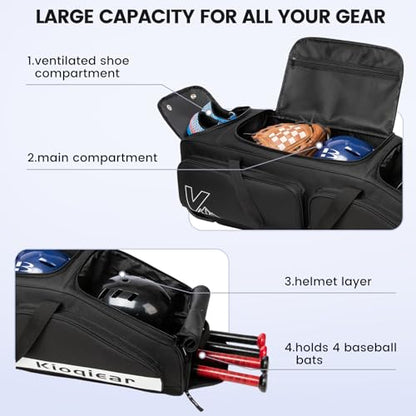 Catchers Gear Bag with Wheels for 4 Bats, Rolling Baseball Softball Bag With Multi-Pockets, Fence Hook, Holds All Baseball Equipment. - color: Black