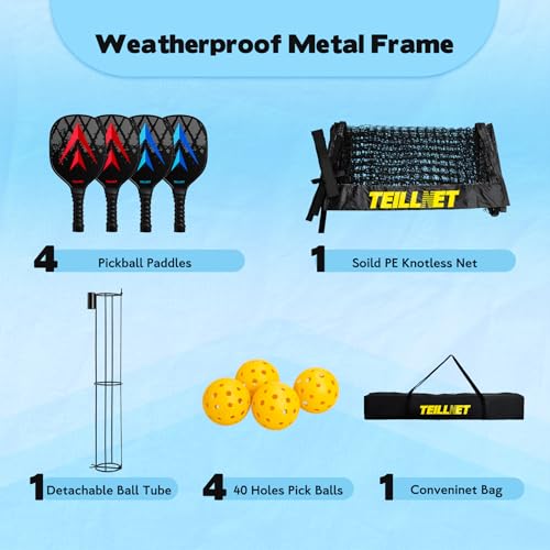 Teillnet Pickleball Net Set – 22FT Portable Net with Metal Holder & 4 Balls, Sturdy Steel Frame Ultra Stable Easy Setup & Carrying Bag 35.4"x7.5"x7.1", Weather-Resistant for Outdoor Indoor Driveway