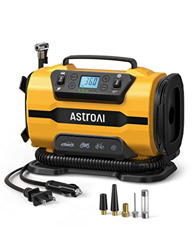 AstroAI Tire Inflator Portable Air Compressor Pump 150PSI 12V DC/110V AC with Dual Metal Motors&LED Light, Automotive Car Accessories&Two Modes for Car, Bicycle Tires and Air Mattresses, Yellow - color: Light Yellow