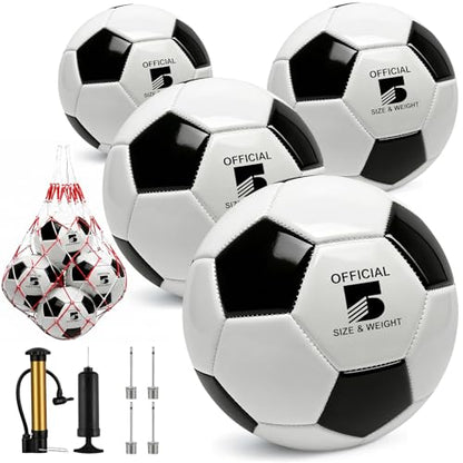 4 Pack Soccer Balls Size 5/4/3 Bulk with Pump, Carry Net, Needles - Pelota De Futbol Official Size Training Practice & Match Ball - Ideal Soccer & Birthday Gift - color: Black-White, size: Size 5