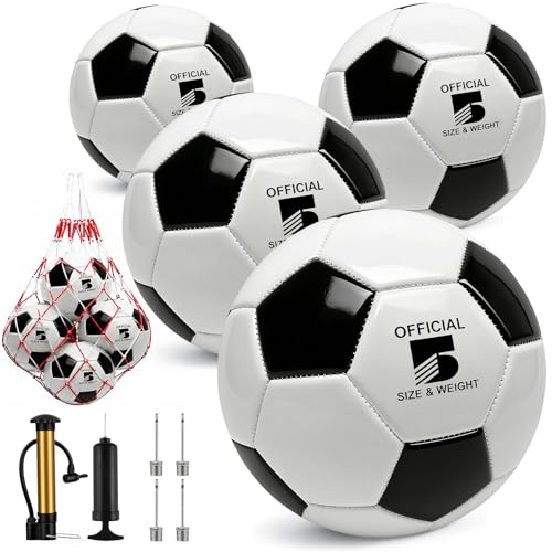 4 Pack Soccer Balls Size 5/4/3 Bulk with Pump, Carry Net, Needles - Pelota De Futbol Official Size Training Practice & Match Ball - Ideal Soccer & Birthday Gift - color: Black-White, size: Size 5