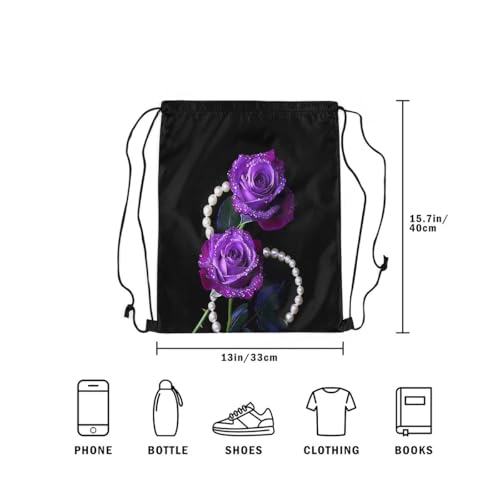 Castle Fairy Noble Elegant Purple Roses Drawstring Gym Bag,Pearl Foldable Waterproof Drawstring Backpack,Beautiful Flowers Draw String Back Bags for Shopping,Swimming,Beach,Black Purple - color: Black Purple