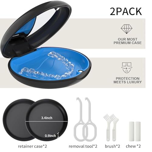 2Pack Retainer Case with Mirror, Compatible with Invisalign, Orthodontic Aligner Case with Removal Tool and Brush, Black - color: 2 Pack - BlackMirror