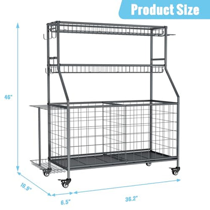 WUC Sports Equipment Garage Organizer - Garage Ball Storage Rack with Basket, Hooks and Rolling Cart for Sports Gear and Toy Storage, Grey