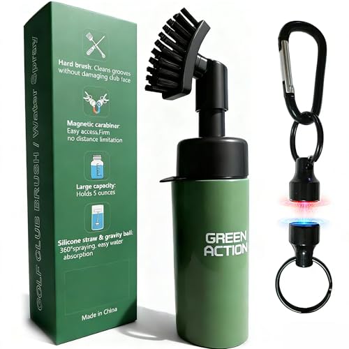 Golf Club Brush with Magnetic Clip & Water Sprayer - 5oz Capacity, Stiff Bristles for Deep Cleaning, Silicone Hose & Gravity Ball for Easy Use on Course - color: Green