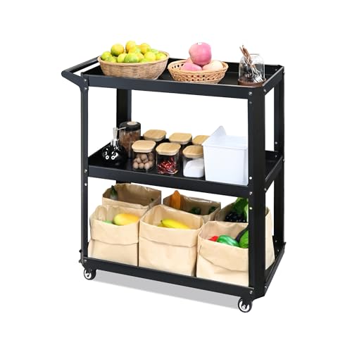 3 Tier Metal Utility Rolling Cart with Wheels, Heavy Duty Storage Organizer Trolley Cart for Kitchen, Bathroom, Office, Bedroom – Multi-Purpose 330Lbs Capacity Utility Cart on Wheels, Black - color: Black