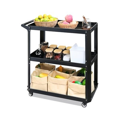 3 Tier Metal Utility Rolling Cart with Wheels, Heavy Duty Storage Organizer Trolley Cart for Kitchen, Bathroom, Office, Bedroom – Multi-Purpose 330Lbs Capacity Utility Cart on Wheels, Black - color: Black