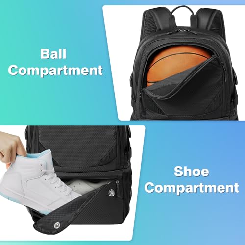 Basketball Bag Backpack with Ball & Shoes Compartment for Soccer Ball Volleyball Football, Large Sports Bag Backpack - color: Black