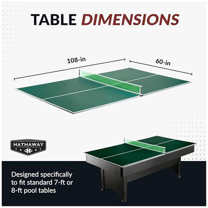Hathaway 9 ft Quick Set Table Tennis Conversion Top – Regulation Sized, Foldable, Durable Engineered Surface, Protection Pads – Indoor Ping Pong Table Topper for Pool Table w/Net & Posts