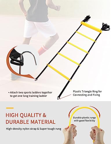 GHB Agility Ladder,Football Training Equipment Set,4 Agility Hurdles, 20 feet12 Rungs Speed Ladder,12 Disc Cones,Resistance Parachute, Jump Rope, 5 Resistance Bands - color: Yellow