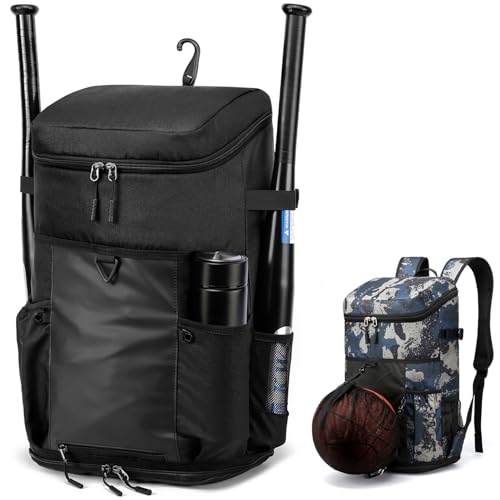 Baseball Backpack Equipment Bag for Adult with 2/4 Bat Holder & Fence Hook Lightweight Mens Softball Bag with Shoes Compartment Coaches Catchers Team Baseball Gear Bags Youth Boys - color: 1 Black