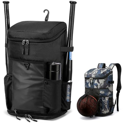 Baseball Backpack Equipment Bag for Adult with 2/4 Bat Holder & Fence Hook Lightweight Mens Softball Bag with Shoes Compartment Coaches Catchers Team Baseball Gear Bags Youth Boys - color: 1 Black