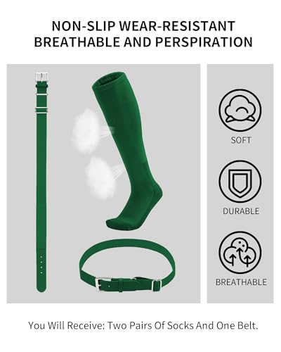 QBK Toddler Baseball Socks And Belt Youth Softball Tee Ball Combo Set for Boy Girl (2 Pairs of Socks & 1 Belt) - color: Green, size: 11-13 Years