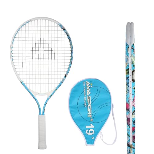 AMA SPORT Kids Tennis Racket for Junior Toddlers Starter Kit 17-25" Tennis Racquet for Girls and Boys with 420D Nylon Shoulder Strap Bag - color: Blue, size: 19"