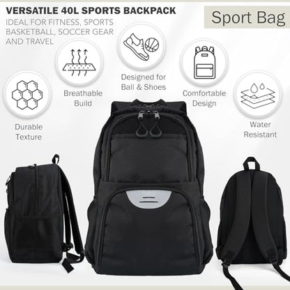 Soccer & Basketball Sports Bag with Ball Pump - Basketball Backpack with Separate Ball & Shoes Holder Compartment, Soccer Basketball Football & Volleyball Bag with Large Capacity - color: Carbon Black, style: Bag Only
