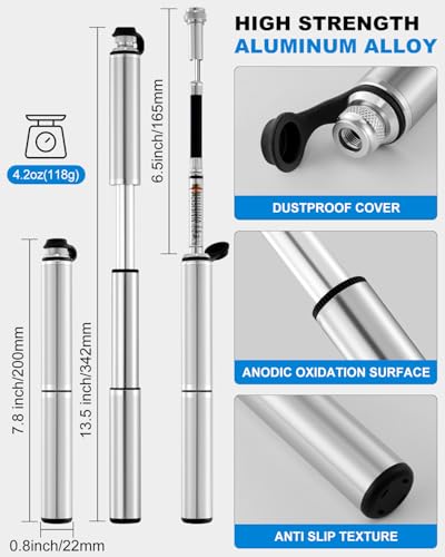 JULAI Mini Bike Pump with Gauge, Portable Hand Tire Pump - Bicycle Frame Inflator with Ball Needle - Fits Presta & Schrader Valves - Lightweight for Road Mountain & BMX Bikes - High Pressure 160 PSI