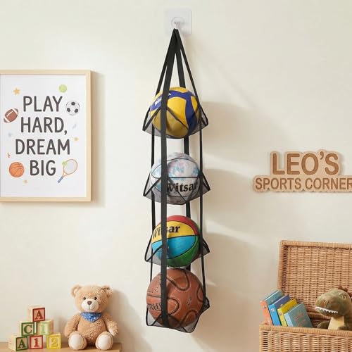 Black Hanging Sports Ball Organizer Bag | Mesh Wall Mount Storage for Basketball, Football, Soccer, Volleyball | Garage & Home Equipment Storage Solution