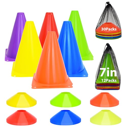 Soccer Cones Set, 84/42Pcs 7"/9" Cones Sports + Disc Cones, Cones for Sports with Carry Bag, Training Cones, Soccer Cones for Training, Plastic Soccer Cones for Drills - color: 7" traffic cones, Multicolor-A