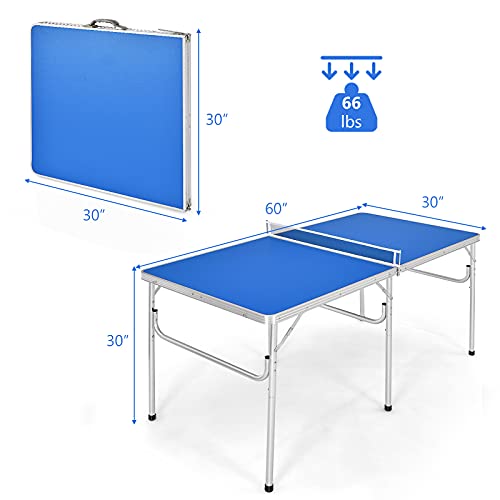 Goplus Foldable Ping Pong Table, 100% Preassembled, Table Tennis Table with Net, 2 Paddles, Ping Pong Balls, Portable Table Tennis Game Set for Indoor Outdoor - style: Blue-60''